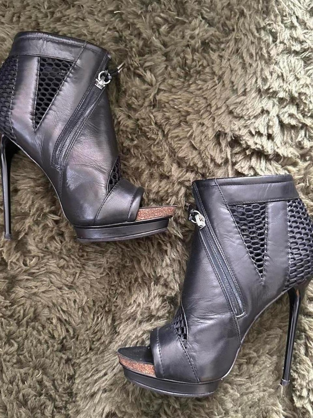 L.A.M.B. Black Mesh Peep-Toe Stiletto Booties